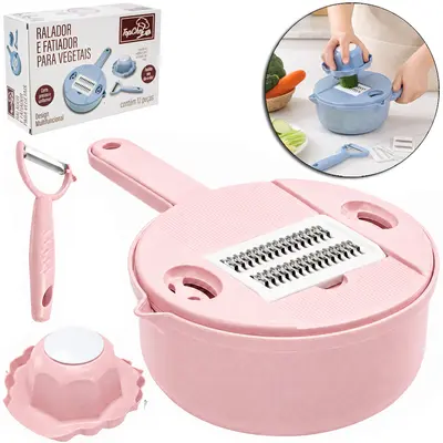 CORTADOR FATIADOR E RALADOR + DESCASCADOR DE FRUTAS / LEGUMES DE INOX / PLASTICO + 5 LAMINAS 12 PECAS