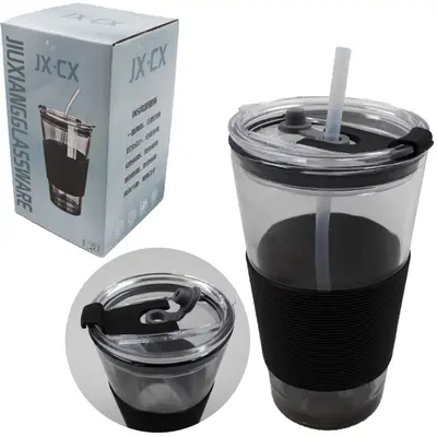 COPO DE VIDRO COM CANUDO + TAMPA DE ACRILICO FUME 450ML