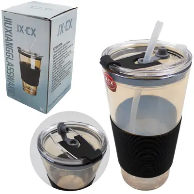 COPO DE VIDRO COM CANUDO + TAMPA DE ACRILICO AMBAR 450ML
