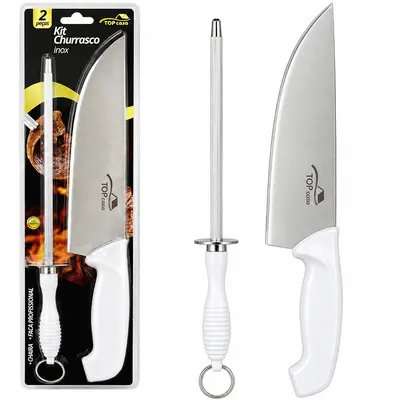 CONJUNTO DE FACA DE CHURRASCO 8''+ CHAIRA 7,5'' DE INOX CABO PLASTICO BRANCO PROFISSIONAL TOP CASA