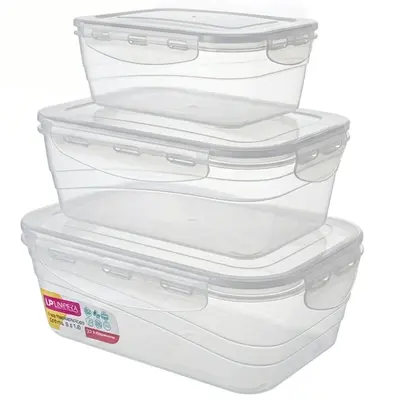 CONJUNTO DE POTE DE PLASTICO RETANGULAR COM TAMPA HERMETICA E TRAVA BRANCO COM 3 PECAS 1500/ 1000/ 500ML