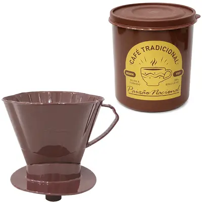 POTE DE PLASTICO REDONDO 2,2L COM TAMPA + PORTA FILTRO / COADOR DE CAFE 103 MARROM