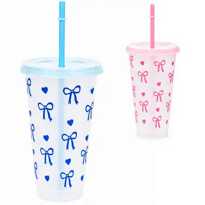COPO COM TAMPA E CANUDO DE PLASTICO LACO AZUL / ROSA 700ML