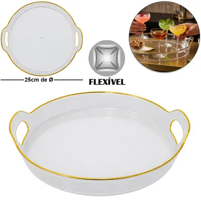 BANDEJA DE PLASTICO PET FLEXIVEL REDONDA COM ALCA + BORDA DOURADA 5X26,5X25CM DE Ø