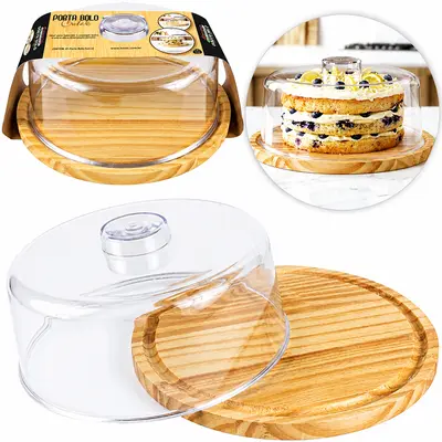 BOLEIRA DE MADEIRA PINUS COM TAMPA DE ACRILICO CRISTAL ECO PREMIUM 12X26CM DE Ø