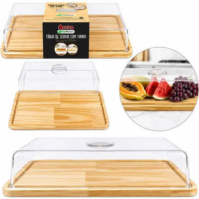 BANDEJA TABUA PETISQUEIRA DE MADEIRA PINUS COM TAMPA DE ACRILICO ECO PREMIUM M 37,518,5X8,5CM