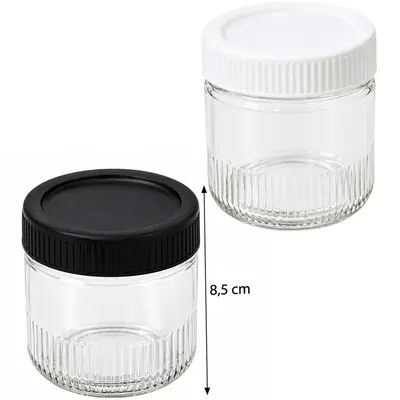 POTE DE VIDRO REDONDO COM TAMPA DE PLASTICO BRANCA / PRETA GAIA GLASS 260ML