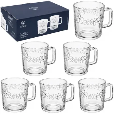JOGO DE CANECA XICARA DE VIDRO PARA CAFE / CAPPUCCINO LUNAFLEUR WOLFF COM 6 PECAS 270ML