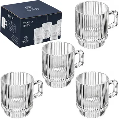 JOGO DE CANECA XICARA DE VIDRO CRISTAL EMPILHAVEL PARA CAFE / CAPPUCCINO LINES WOLFF COM 4 PECAS 145ML