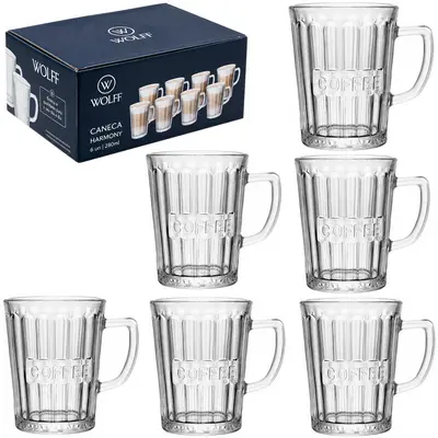 JOGO DE CANECA XICARA DE VIDRO PARA CAFE / CAPPUCCINO COFFEE HARMONY WOLFF COM 6 PECAS 200ML