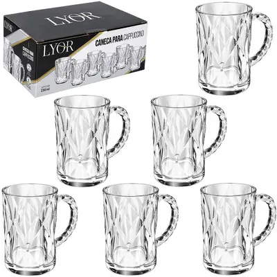 JOGO DE CANECA XICARA DE VIDRO PARA CAFE / CAPPUCCINO DIAMOND COM 6 PECAS 170ML