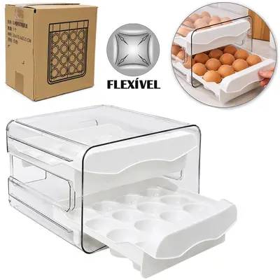 ORGANIZADOR PORTA OVOS DE PLASTICO PET FLEXIVEL RETANGULAR COM 2 GAVETAS 32 CAVIDADES 22,5X21,5X14,5CM