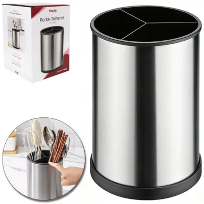 PORTA TALHER / UTENSILIOS / ESCORREDOR DE TALHER REDONDO COM BASE GIRATORIO + 3 DIVISORIAS FACILE DE INOX 17X12CM DE Ø