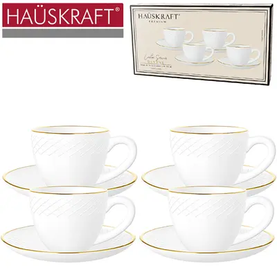 JOGO XICARA OPALINO BRANCO COM BORDA DOURADA + PIRES PARA CAFE LINHA SERVIR DIVINE HAUSKRAFT PREMIUM 8 PECAS