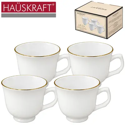JOGO DE CANECA XICARA OPALINO COM BORDA DOURADA PARA CHA LINHA SERVIR PURE GOLD HAUSKRAFT PREMIUM 4 PECAS 200ML