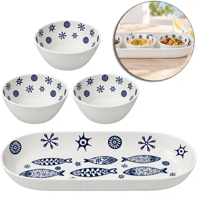 CONJUNTO TRAVESSA OVAL COM 3 TIGELAS REDONDA DE MELAMINA PREMIUM OCEANO