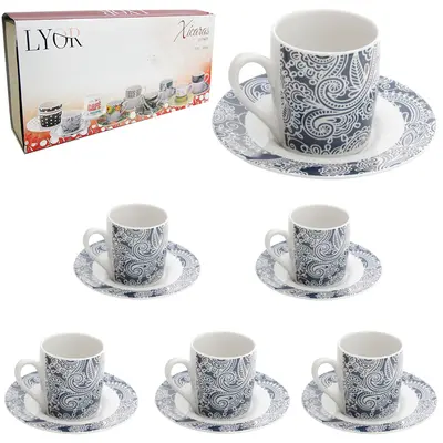 JOGO DE XICARA DE PORCELANA COM PIRES PARA CAFE BLUE FLORAL 12 PECAS 90ML NA CAIXA