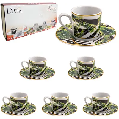 JOGO DE XICARA DE PORCELANA COM PIRES PARA CAFE TROPICAL GARDEN COM 12 PECAS 90ML NA CAIXA