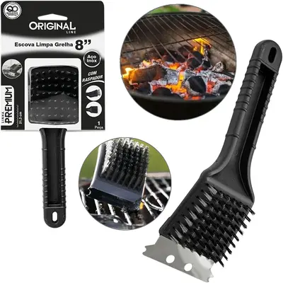 ESCOVA DE ACO PARA GRELHA CHURRASQUEIRA COM RASPADOR CABO PLASTICO PREMIUM 8½'' 21,4X7CM