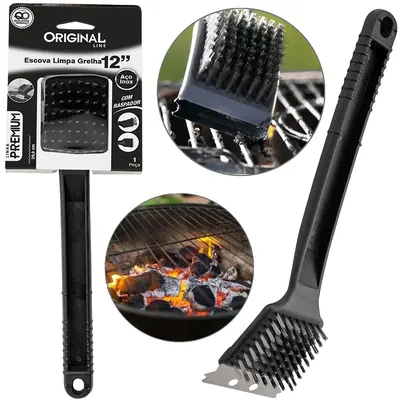 ESCOVA DE ACO PARA GRELHA CHURRASQUEIRA COM RASPADOR + CABO PLASTICO PREMIUM 12