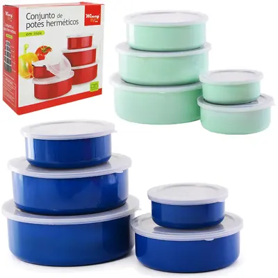 CONJUNTO DE POTE DE INOX REDONDO COM TAMPA DE PLASTICO 5 PECAS 250/450/700/1000/1400ML NA CAIXA