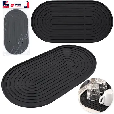 TAPETE ESCORREDOR DE LOUCAS DE SILICONE OVAL PRETO 30,1X18CM