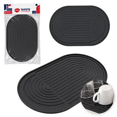 TAPETE ESCORREDOR DE LOUCAS DE SILICONE OVAL PRETO 22,3X15,3CM
