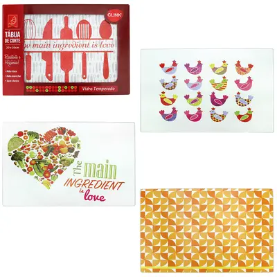 TABUA DE CORTE DE VIDRO MULTIUSO RETANGULAR ESTAMPAS SORTIDAS 30X20CM