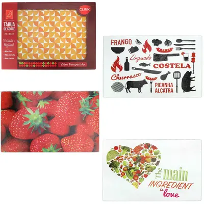 TABUA DE CORTE DE VIDRO MULTIUSO RETANGULAR ESTAMPAS SORTIDAS 35X25CM