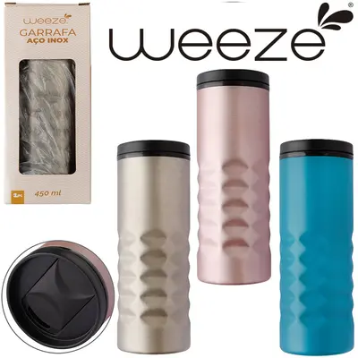 GARRAFA SQUEEZE DE INOX COM TAMPA DE PLASTICO WEEZE COLORS 450ML NA CAIXA
