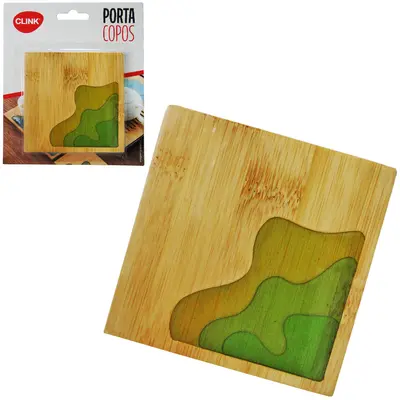 PORTA COPO DE MADEIRA / BAMBU QUADRADO COM RESINA 9CM NA CARTELA