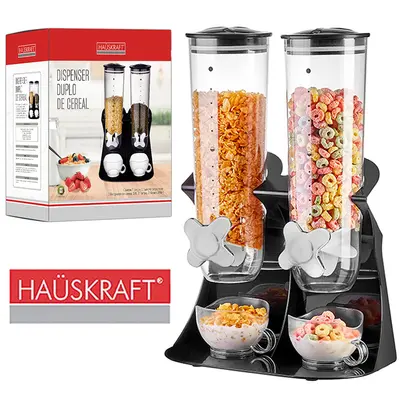 DISPENSER PORTA CEREAL DUPLO DE ACRILICO SUPORTE + TAMPA E XICARA HAUSKRAFT 3000/200ML
