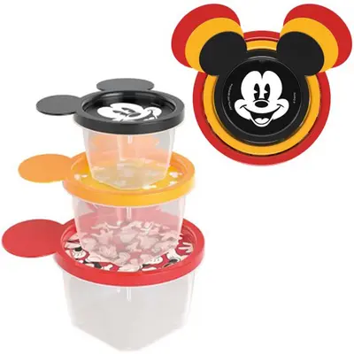 CONJUNTO DE POTE DE PLASTICO REDONDO CONECT COM TAMPA MICKEY COLORS 3 PECAS 130 / 240 / 430ML