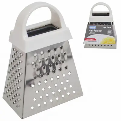 MINI RALADOR DE INOX 4 FACES COM ALCA DE PLASTICO BRANCO 3,5''