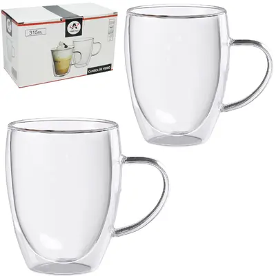 JOGO DE CANECA XICARA DE VIDRO BOROSSILICATO COM PAREDE DUPLA BISTRO COM 2 PECAS 315ML NA CAIXA