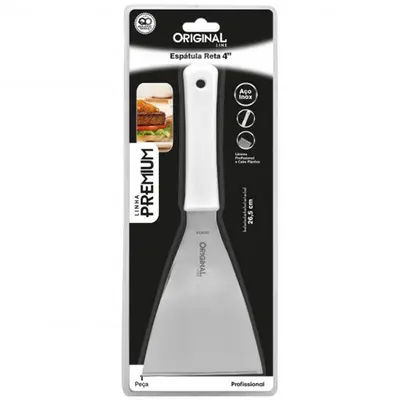 ESPATULA DE COZINHA RETA DE INOX CABO PLASTICO BRANCO PREMIUM 4'' 24,5CM NA CARTELA