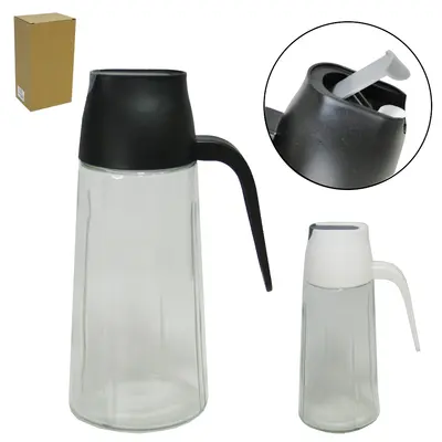 AZEITEIRO / VINAGREIRO DE VIDRO COM TAMPA + ALCA DE PLASTICO PRETO / BRANCO 610ML