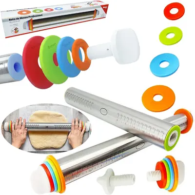 ROLO PARA MASSA DE INOX PROFISSIONAL AJUSTAVEL COM 8 DISCOS DE PLASTICO 43X6,5CM DE Ø NA CAIXA