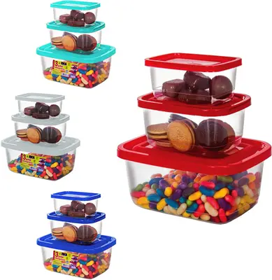 CONJUNTO DE POTE DE PLASTICO RETANGULAR PRIME COM TAMPA COLORS 3 PECAS PMG 260/520/1300ML
