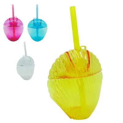 COPO COM TAMPA E CANUDO DE PLASTICO CONCHA TRANSCOLOR 450ML