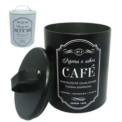 POTE DE LATA REDONDO PRETO / BRANCO PARA CAFE / ACUCAR COM TAMPA + ALCA 2,2L
