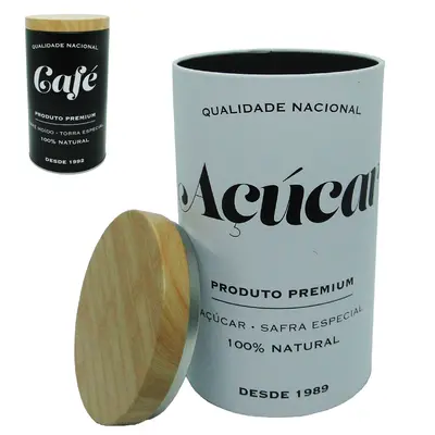 POTE DE LATA REDONDO PRETO / BRANCO PARA CAFE / ACUCAR COM TAMPA TIPO MADEIRA / BAMBU 1550ML