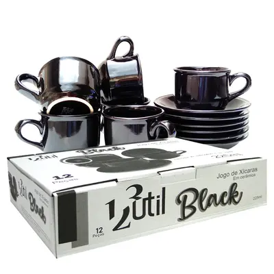 JOGO DE XICARA DE PORCELANA COM PIRES PARA CHA BLACK PRETO COM 12 PECAS 225ML NA CAIXA