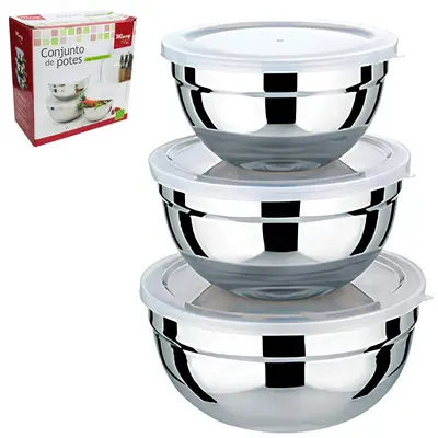 POTE / TIGELA DE INOX REDONDA COM TAMPA DE PLASTICO 3 PECAS 750/1150/1450ML