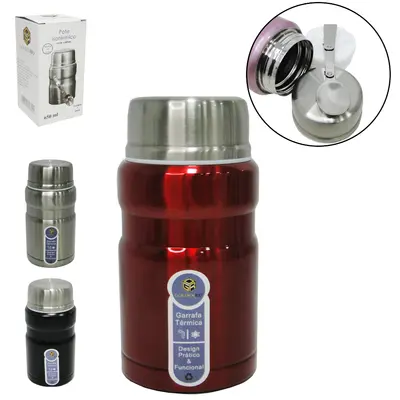 POTE TERMICO COM TAMPA + COLHER DOBRAVEL DE INOX 650ML NA CAIXA