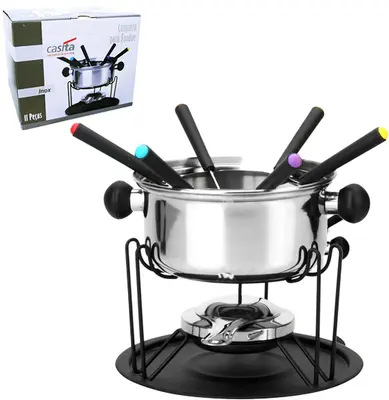 JOGO DE FONDUE DE INOX COM 6 GARFOS/SUPORTE / PRATO/FOGAREIRO 410ML