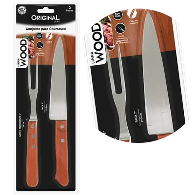 CONJUNTO DE FACA DE CHURRASCO 7'' + GARFO 5'' DE INO CABO MADEIRA WOOD