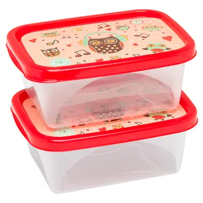 CONJUNTO DE POTE DE PLASTICO RETANGULAR COM TAMPA CORUJA 2 PECAS 420ML