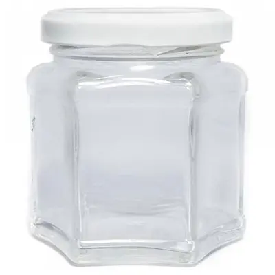 POTE DE VIDRO SEXTAVADO COM TAMPA DE METAL 150ML