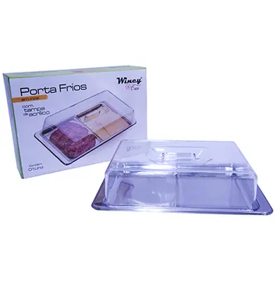 PORTA FRIOS DUPLO RETANGULAR DE INOX COM TAMPA DE ACRILICO 27X19X6CM + PEGADOR 18CM